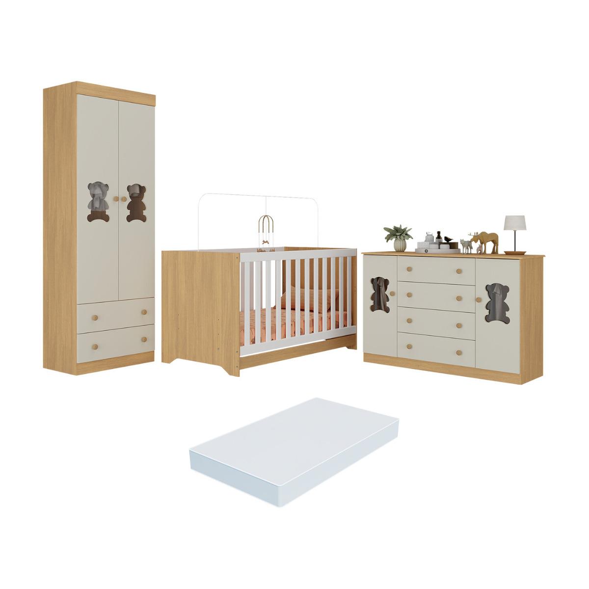 Quarto De Bebê Completo Berço Americano 3 Em 1 Colchão Teddy Multimóveis Mp4672 Madeirado/off White