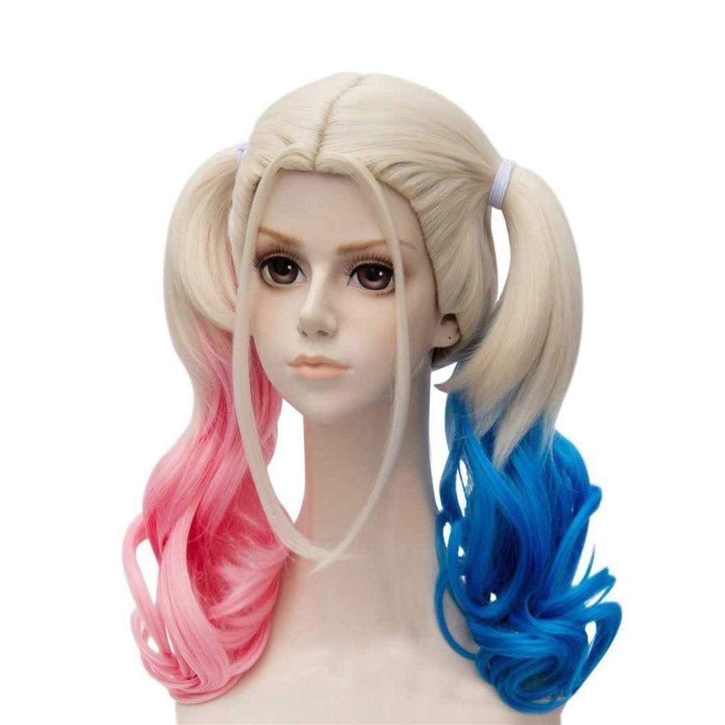 Peruca De Cosplay Com Rabo De Cavalo Loiro Duplo Com Gradiente Rosa E Azul
