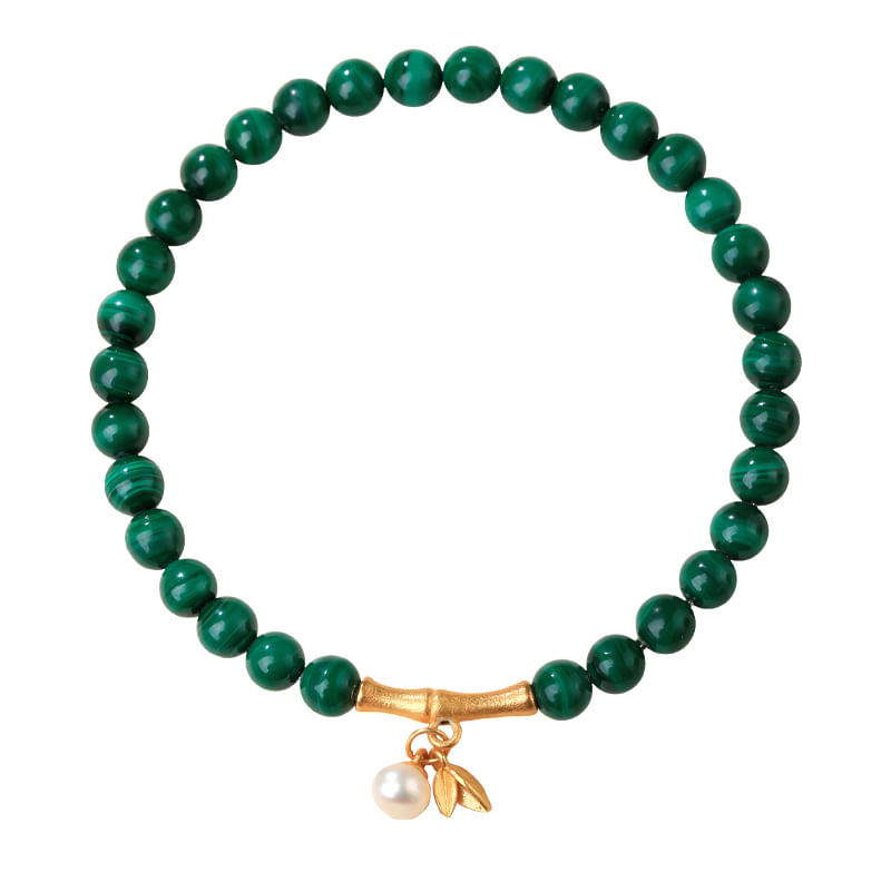 Pulseira De Malaquita Natural De 5 Mm Para Mulheres Com Bambu
