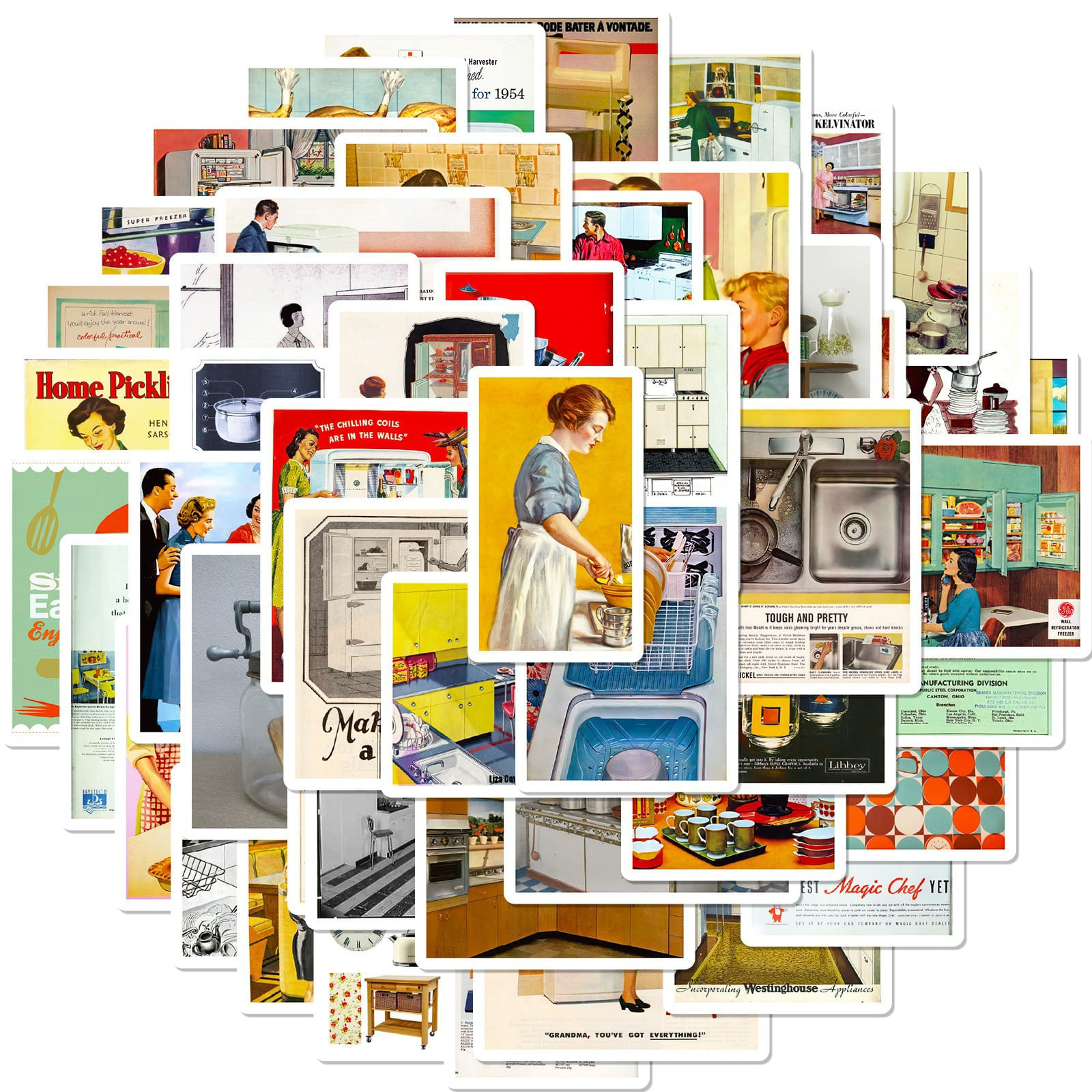 Adesivos, Pôster Retrô, Revista Vintage, Lady Kitchen, 50 Unidades