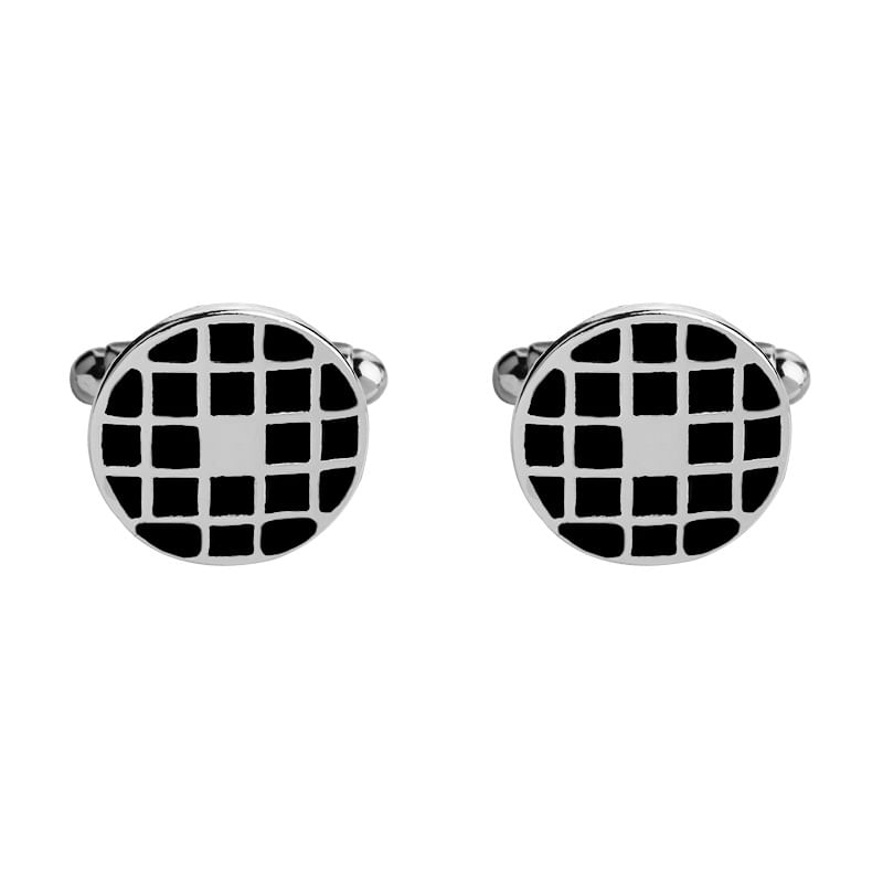 Cufflinks Creative Round Grid Pattern Para Homens Em Preto E Prata