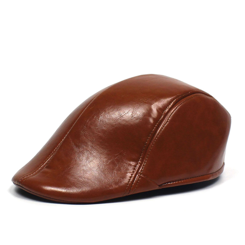 Cap Flat Gatsby Newsboy Faux Leather Brown Para Homens