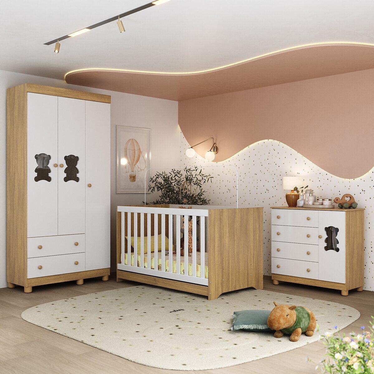 Quarto De Bebê Completo Com Berço Americano 3 Em 1 Fofura Multimóveis Mp4653 Madeirado/branco