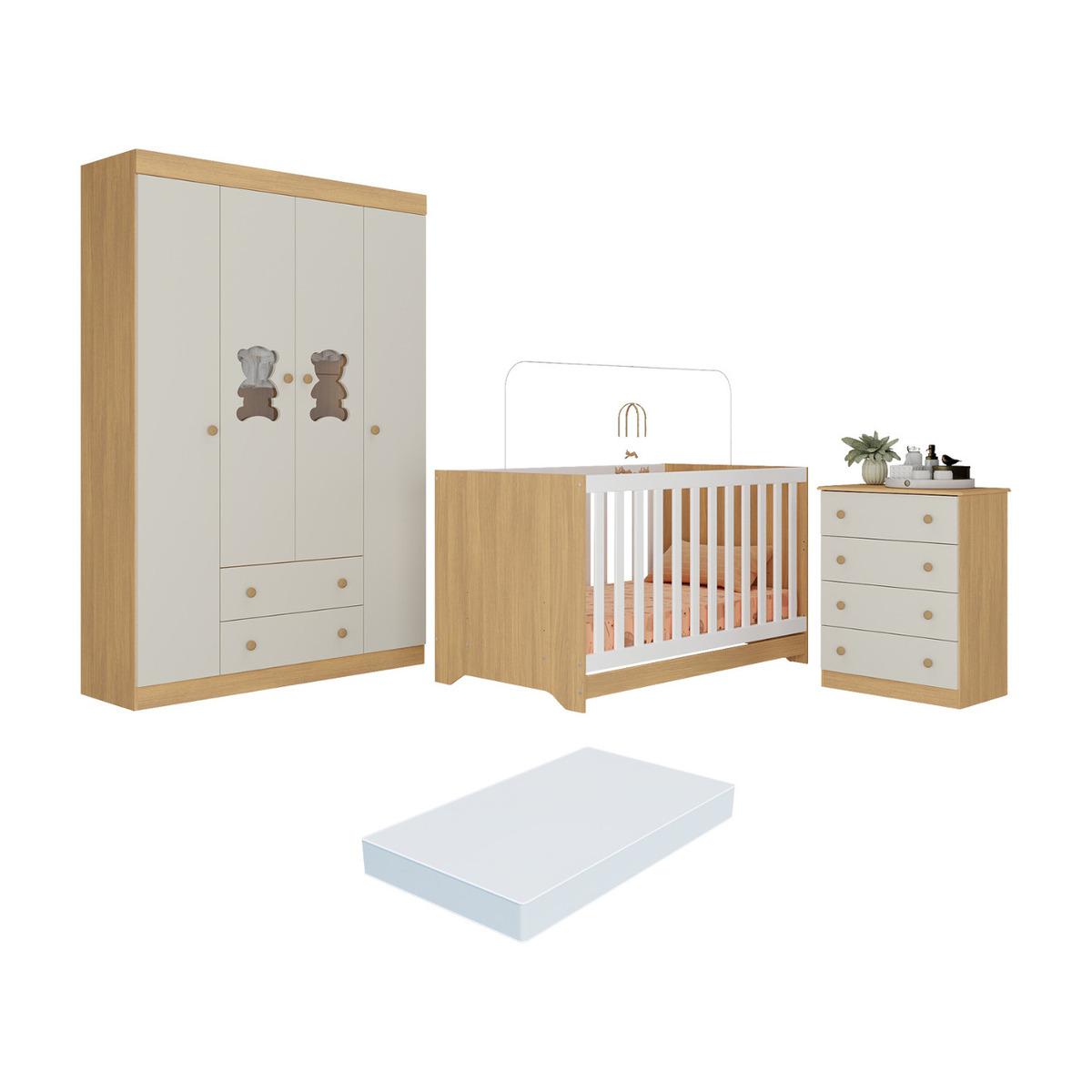 Quarto De Bebê Completo Berço Americano 3 Em 1 Colchão Teddy Multimóveis Mp4664 Madeirado/off White