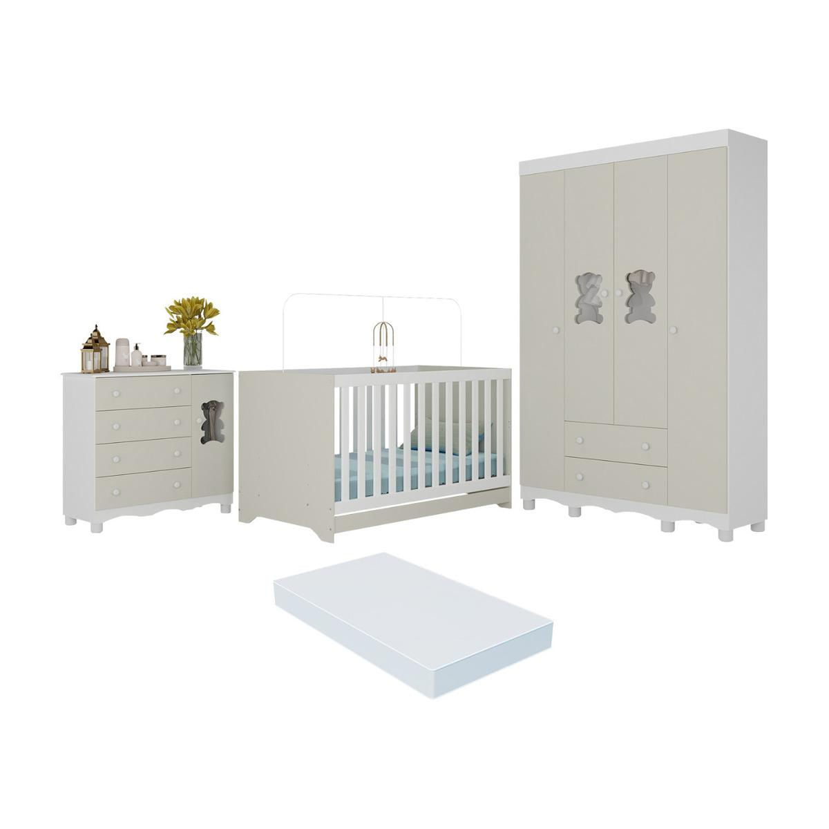 Quarto De Bebê Completo C/berço Americano 3 Em 1 Colchão Ternura Multimóveis Mp4663 Branco/off White