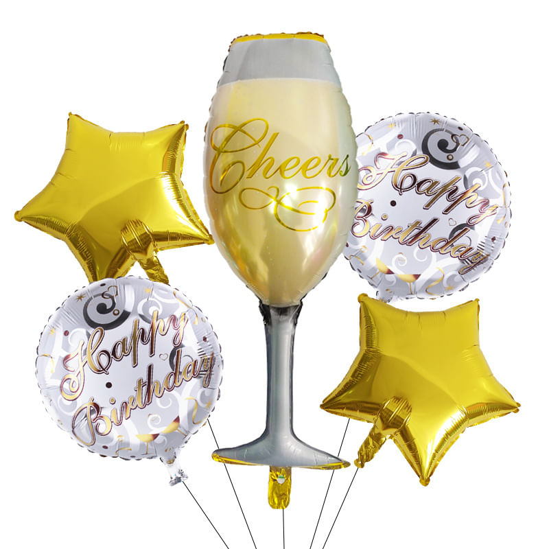 Conjunto De Taça De Champanhe E Balão De Feliz Aniversário (5 Unidades)