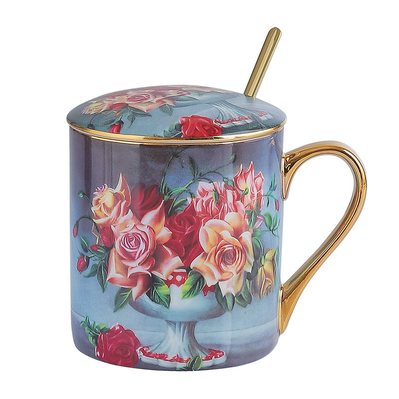 Caneca De Cerâmica Com Buquê De Rosas Com Tampa E Colher, Capacidade De 350 Ml