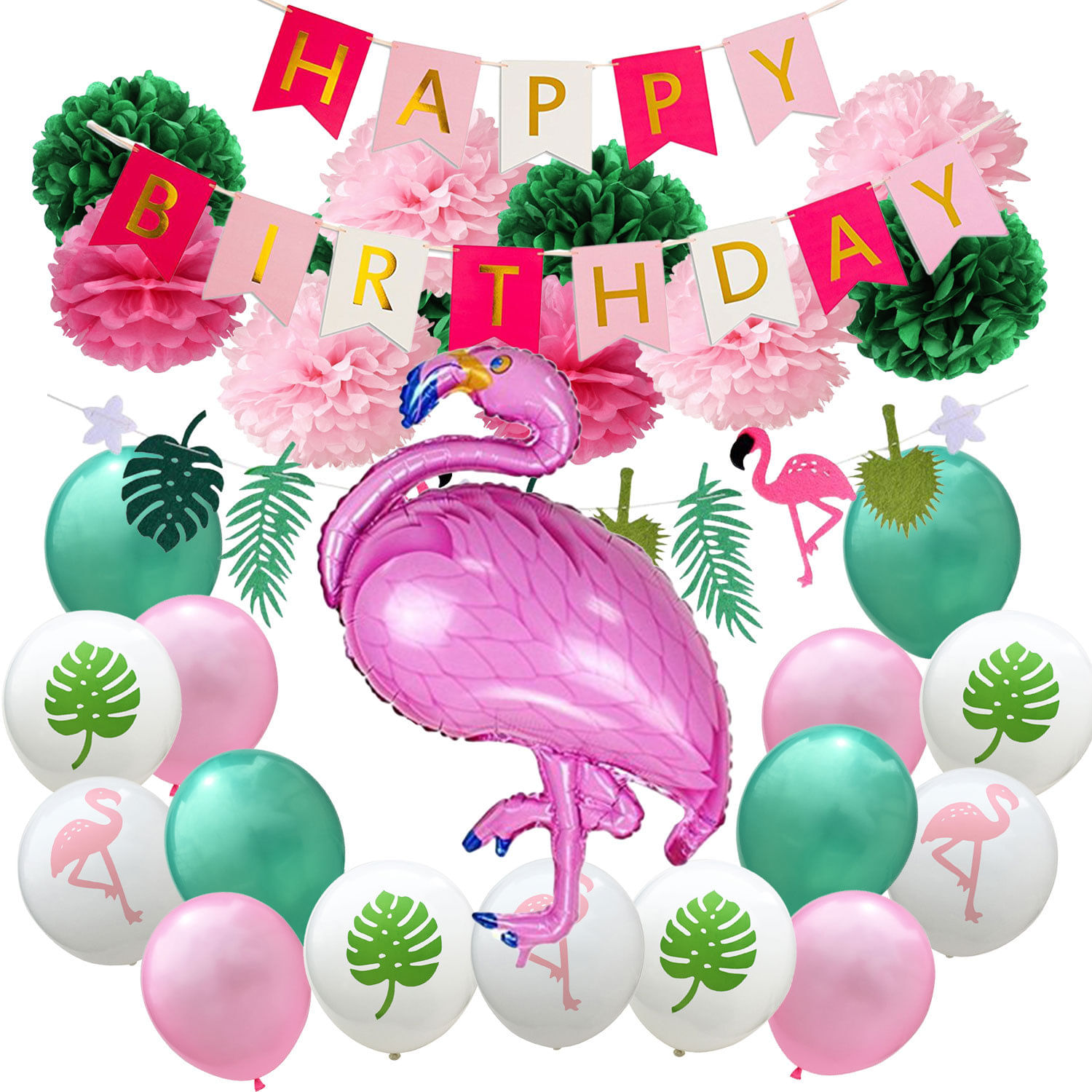 Conjunto De Decoração De Festa Flamingo Hawaiian Pool Com 17 Unidades E 10 Látex