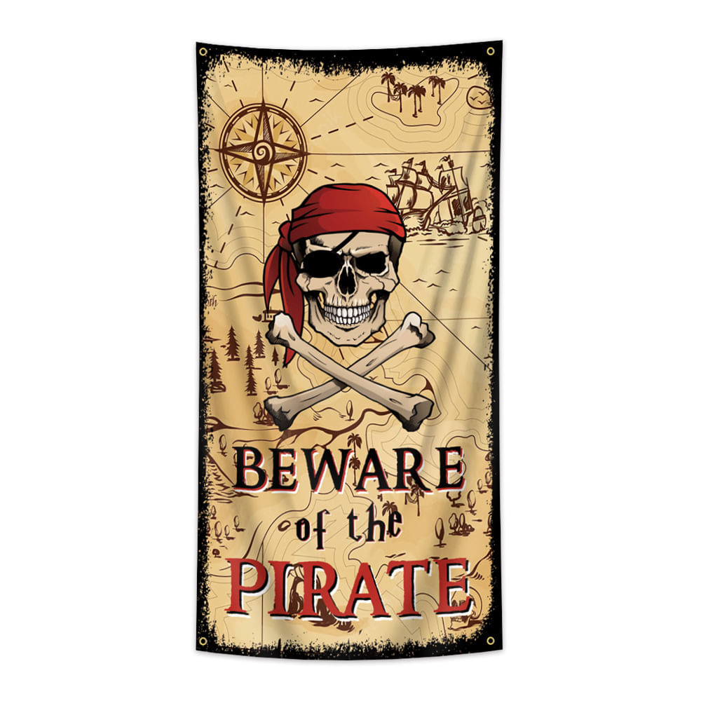 Flag Pirate Beware, Poliéster 90x180cm Para Ambientes Internos E Externos