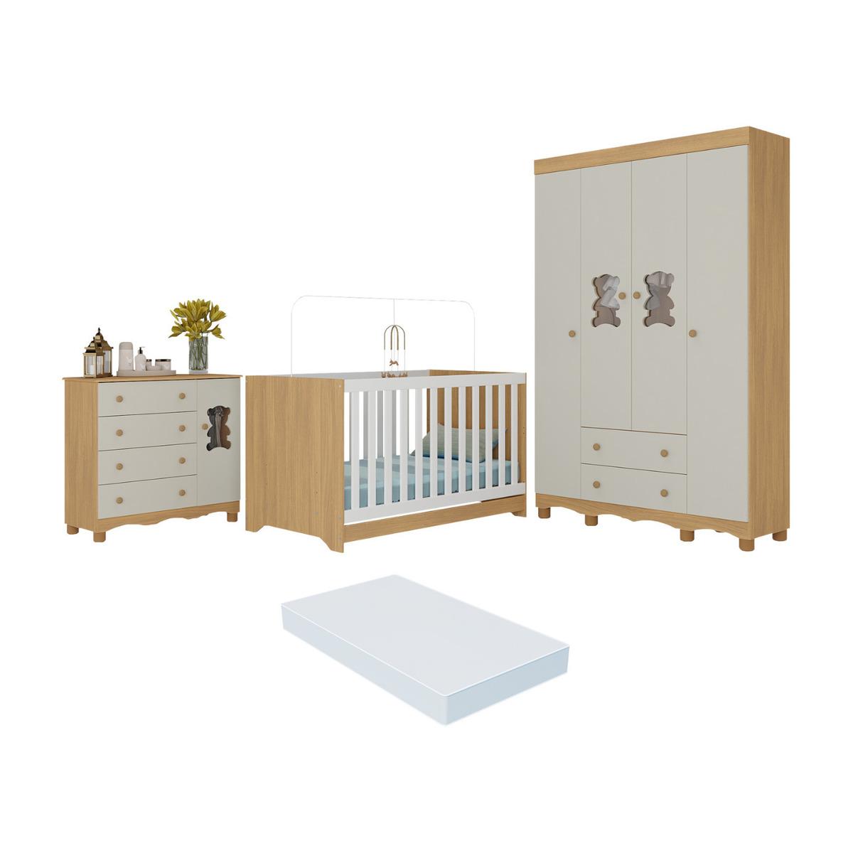 Quarto De Bebê Completo C/berço Americano 3x1 Colchão Ternura Multimóveis Mp4663 Madeirado/off White