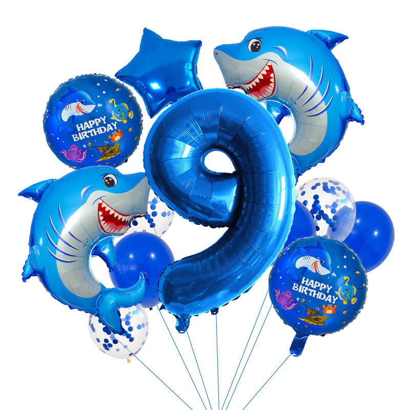 Conjunto De Balões Shark Ocean Theme 12 Peças Com Balão Número 9