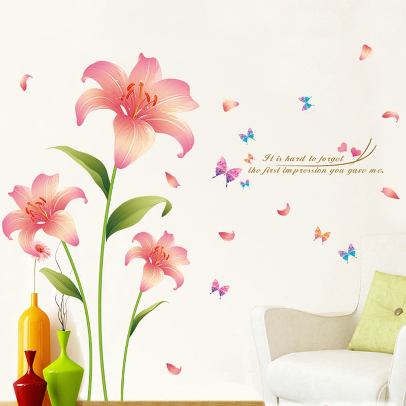 Adesivos De Parede Flor De Lírio Rosa Com Decalques De Borboleta 60x90cm