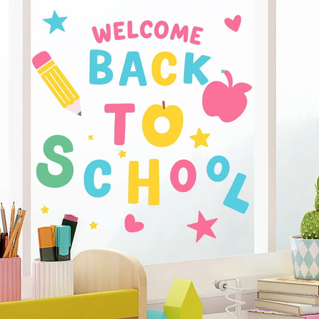 Adesivos De Parede Welcome Back To School Colorful Letters Apple