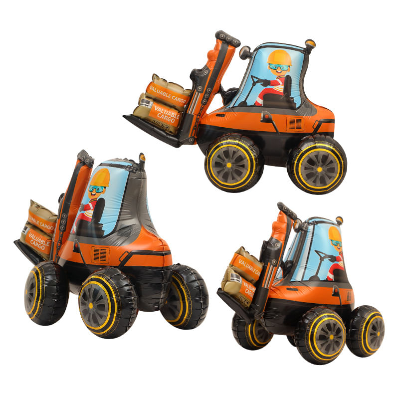 Veículo De Construção De Empilhadeira 3d Com Balão Metalizado 83x59cm 3 Unidades