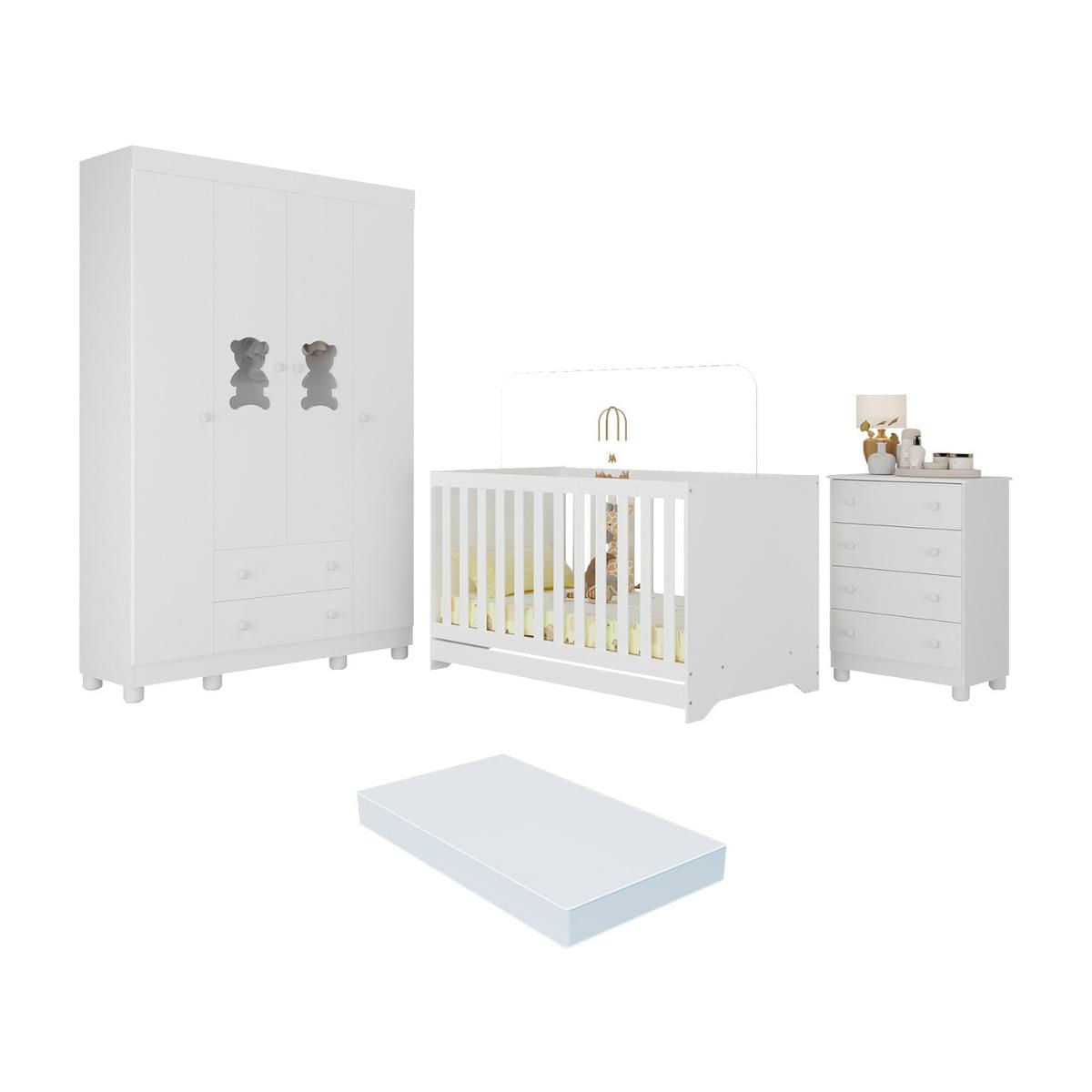 Quarto De Bebê Completo Com Berço Americano 3 Em 1 Colchão Fofura Multimóveis Mp4665 Branco