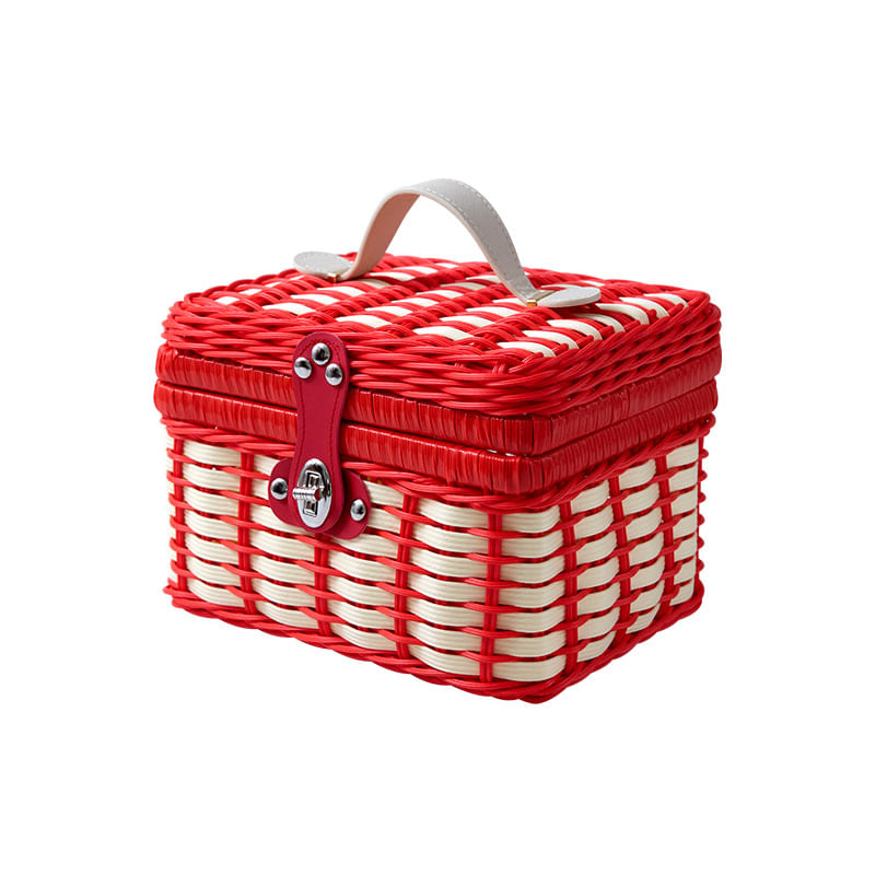 Cesta De Vime Vermelha E Bege Tecida Com Alça 23x18x15cm
