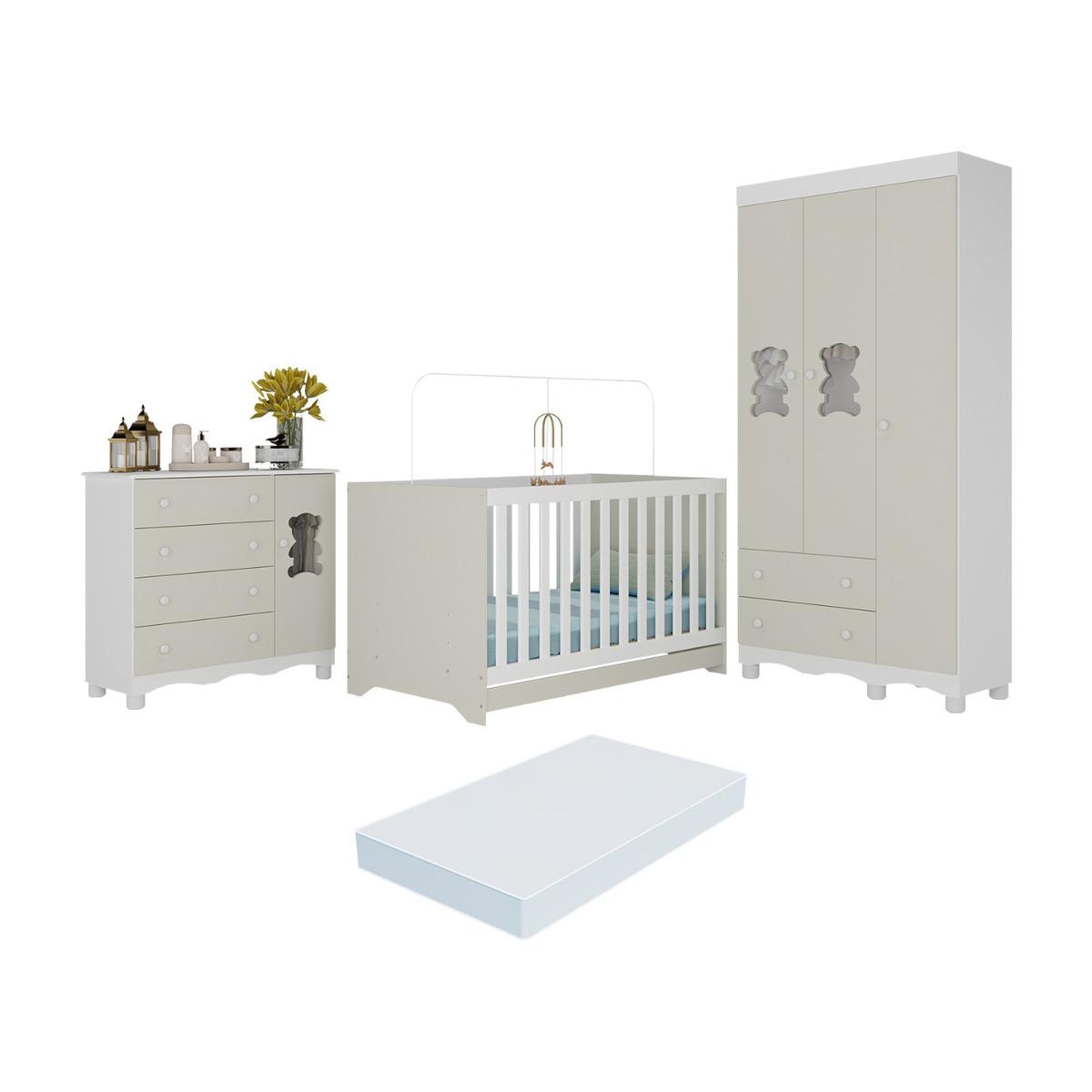 Quarto De Bebê Completo C/berço Americano 3 Em 1 Colchão Ternura Multimóveis Mp4671 Branco/off White