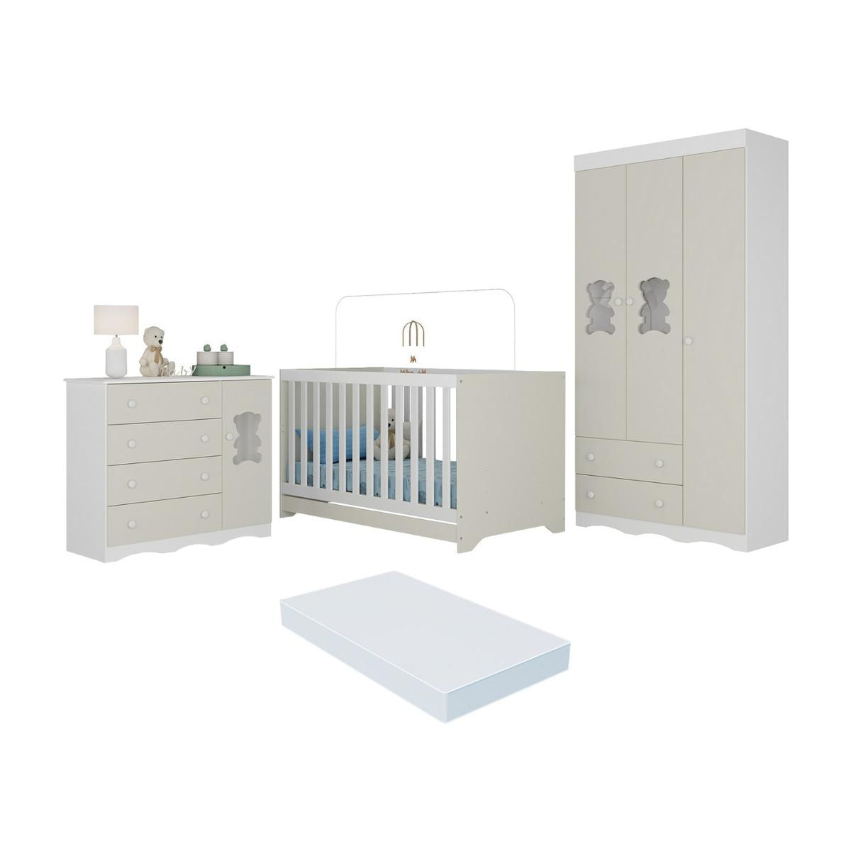 Quarto De Bebê Completo C/ Berço Americano 3 Em 1 Colchão Doçura Multimóveis Mp4670 Branco/off White