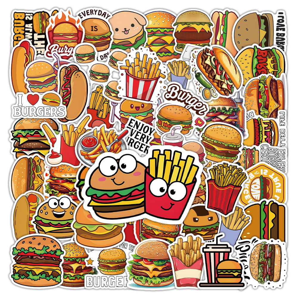 Conjunto De Adesivos Burger And Fries, 50 Unidades, Lindos Decalques De Vinil Para Desenhos Animados