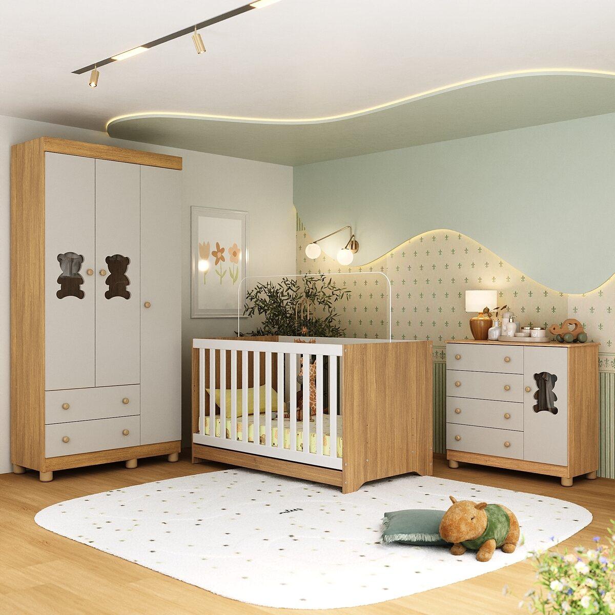 Quarto De Bebê Completo Com Berço Americano 3 Em 1 Fofura Multimóveis Mp4653 Madeirado/off White