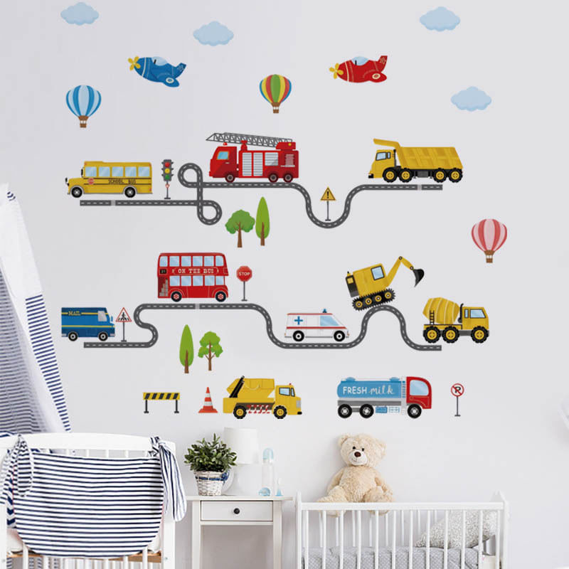 Adesivos De Parede Cartoon Road Traffic Vehicles Pvc 100x100cm
