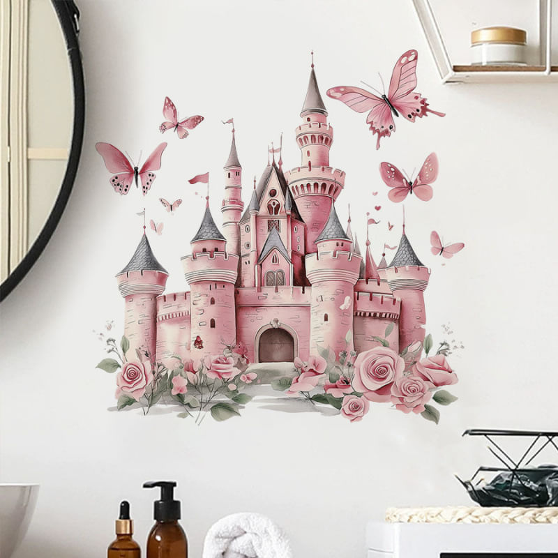 Adesivos De Parede Fairy Tale Castle Pink Com Borboletas 30x90cm