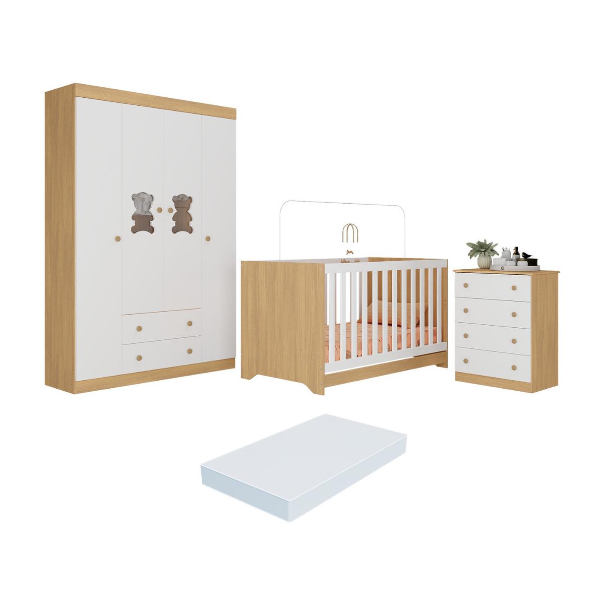 Quarto De Bebê Completo Com Berço Americano 3 Em 1 Colchão Teddy Multimóveis Mp4664 Madeirado/branco