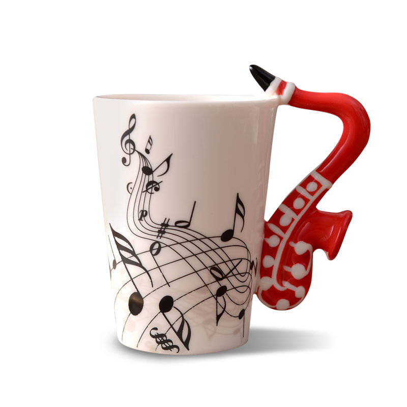 Caneca Ceramic Music Note Com Alça De Saxofone, Capacidade De 350 Ml
