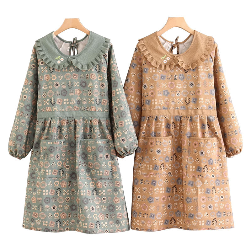 Avental De Manga Comprida Para Mulheres Com Estampa Floral - Estilo Coreano