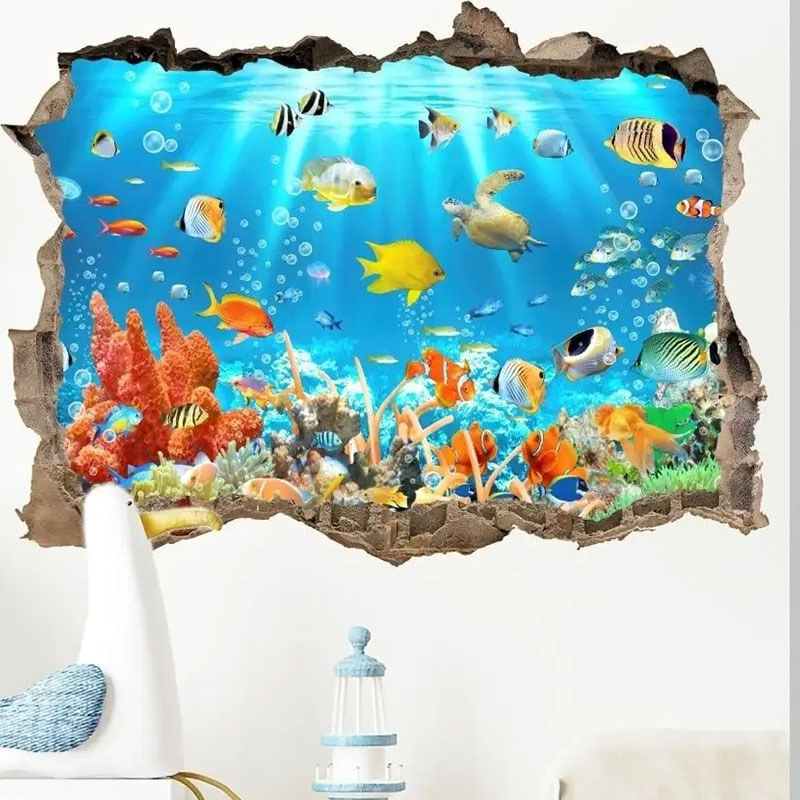 Adesivos De Parede 3d Ocean World Tropical Fish Sea Turtle Coral