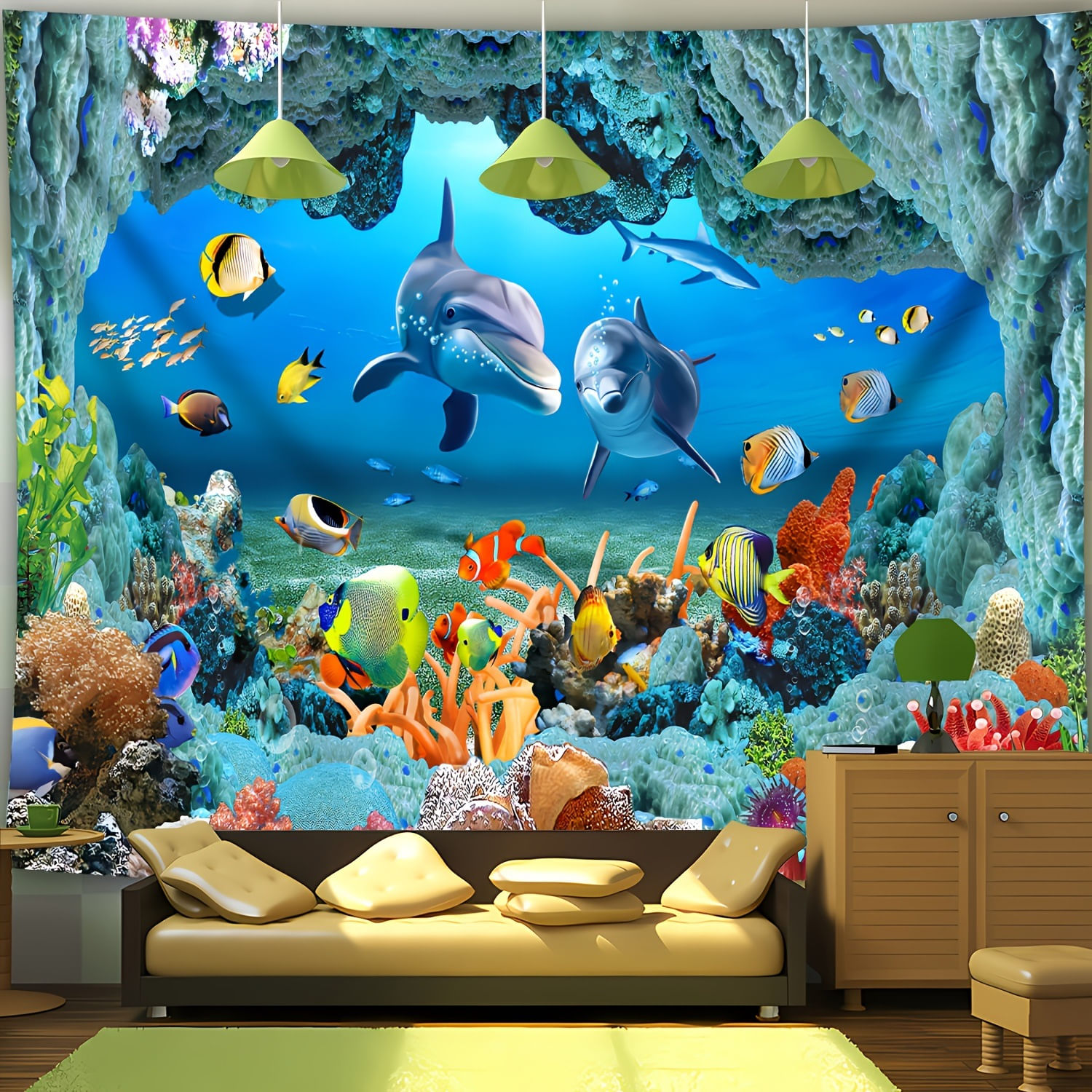 Tapeçaria Para Pendurar Na Parede Ocean World Colorful Dolphins 150x130cm