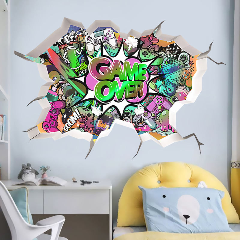 Adesivos De Parede 3d Game Over Cartoon Gaming Breakthrough 40x60cm