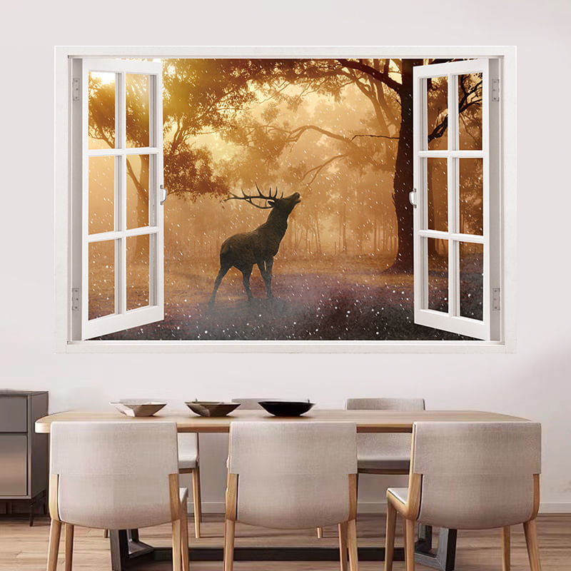 Adesivos De Parede 3d Window Sunset Deer Forest Scenery 60x90cm