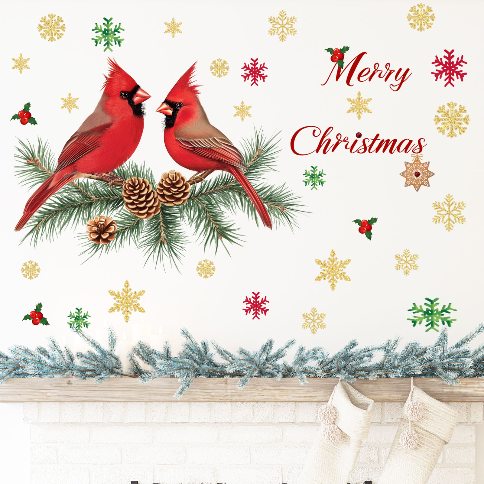 Adesivos De Parede Christmas Red Cardinal Birds Pinecone 30x60cm