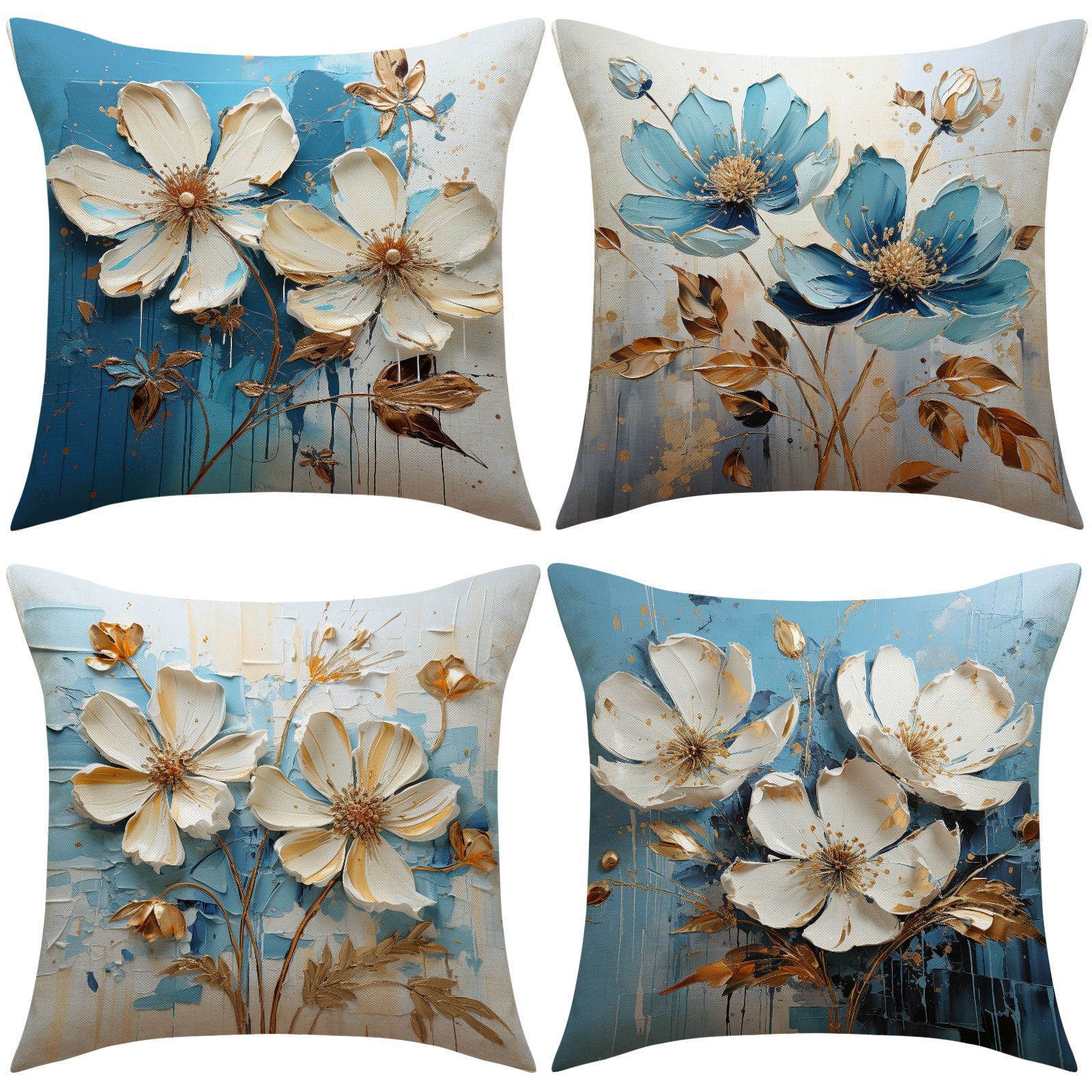 Capa De Travesseiro Floral Azul E Linho Creme 45x45cm