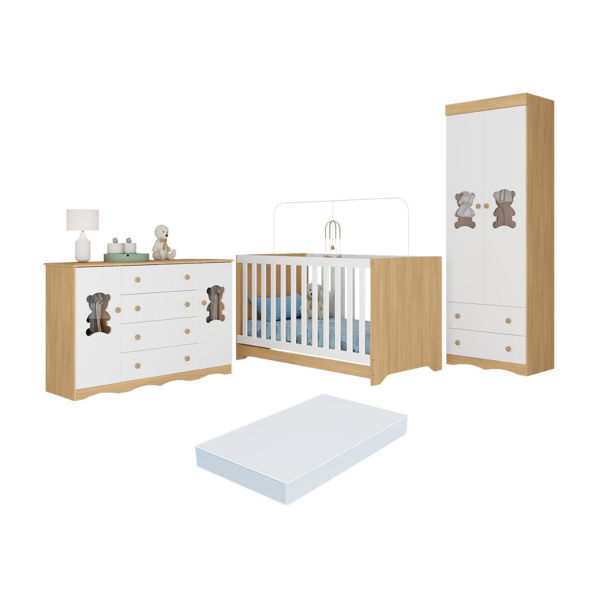 Quarto De Bebê Completo C/ Berço Americano 3 Em 1 Colchão Doçura Multimóveis Mp4674 Madeirado/branco