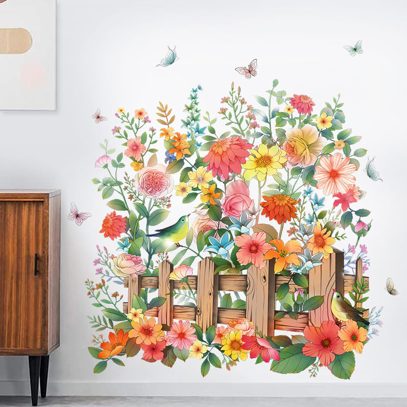 Adesivos De Parede Floral Fence Vibrant Flowers Birds Pvc 50x70cm