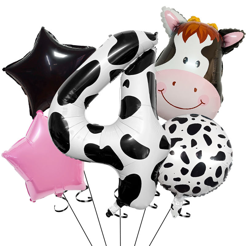 Kit De Balões Com Tema Farm Cow Com Balão Metalizado Número 4 X5