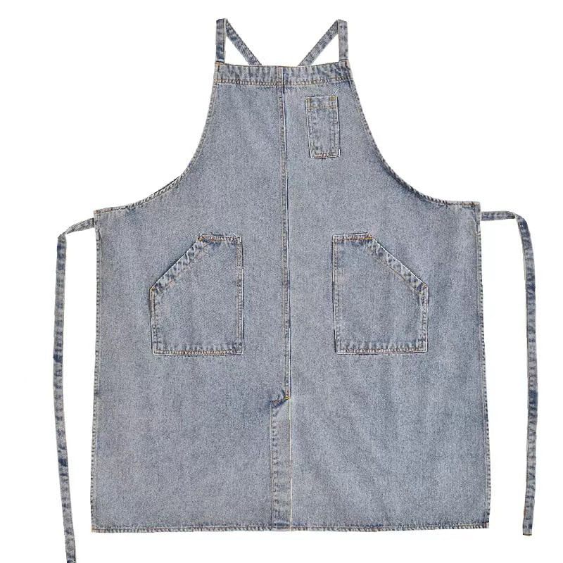 Avental De Jeans Lavado Em Algodão Estilo Coreano Com Alças Cruzadas