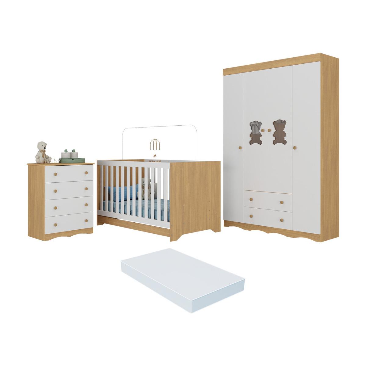 Quarto De Bebê Completo C/ Berço Americano 3 Em 1 Colchão Doçura Multimóveis Mp4666 Madeirado/branco