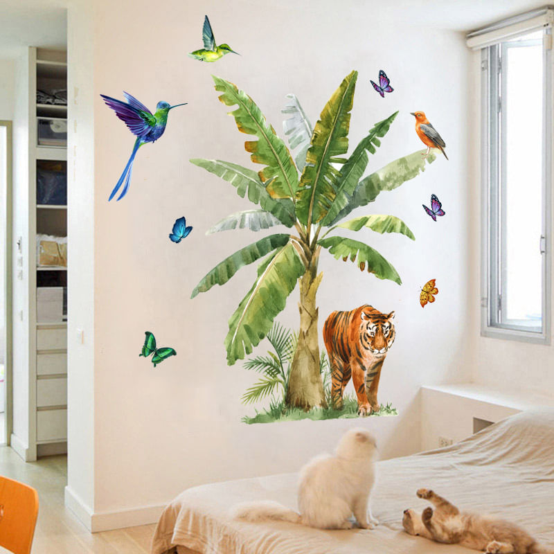 Adesivos De Parede Tropical Tiger And Bird Lush Bananeira Leaves