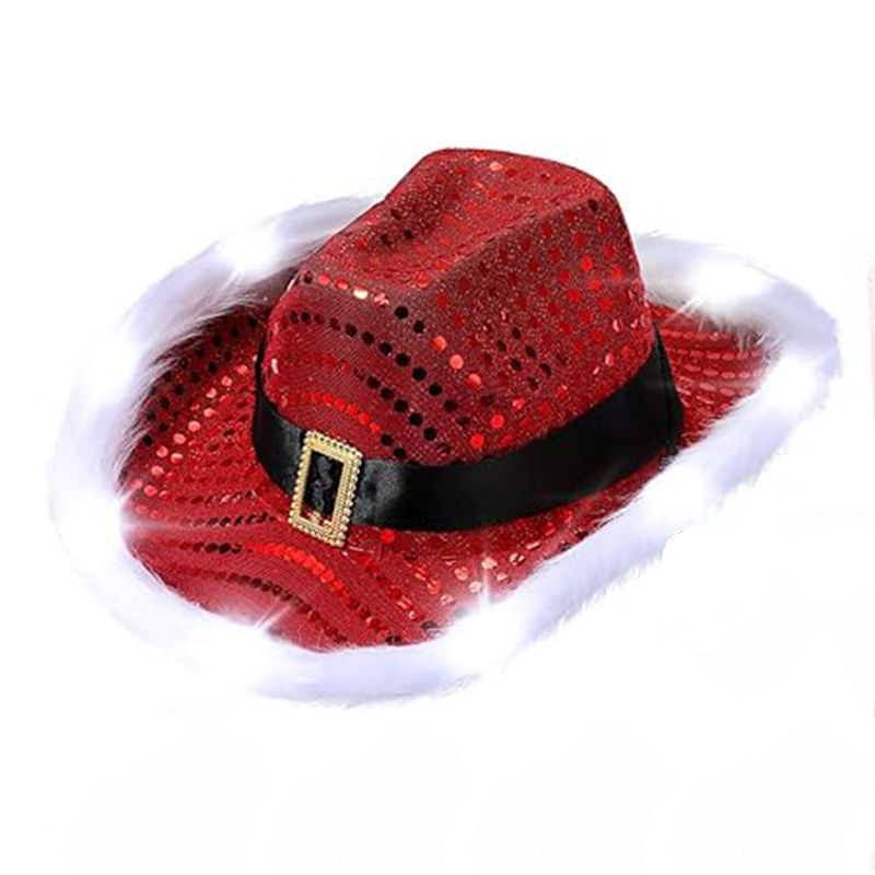 Chapéu De Cowboy Com Lantejoulas Vermelhas E Cinto De Papai Noel Com Acabamento Em Penas E Luz