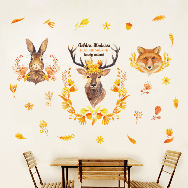 Adesivos De Parede Cartoon Animal Autumn Deer Fox Rabbit Pvc