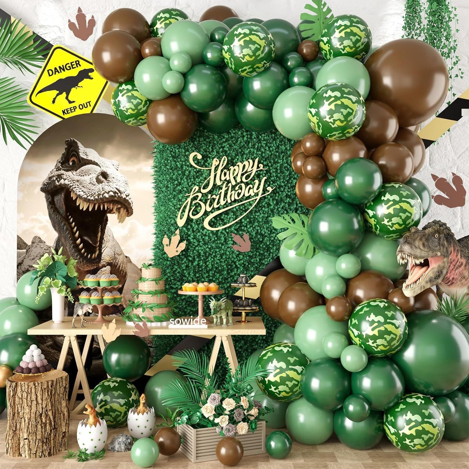 Kit Dinosaur Balloon Garland Arch, 102 Unidades, Verde, Marrom