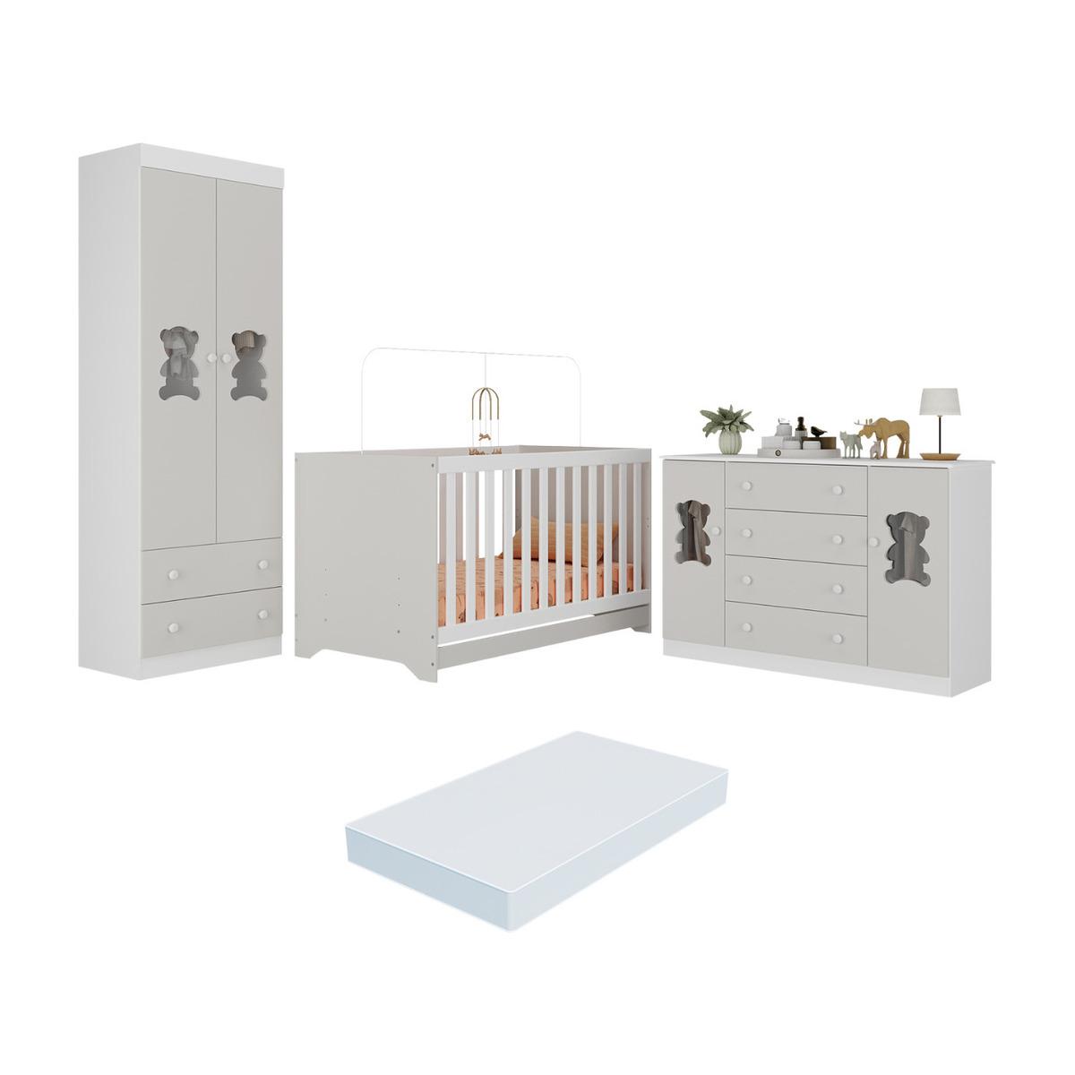 Quarto De Bebê Completo Com Berço Americano 3 Em 1 Colchão Teddy Multimóveis Mp4672 Branco/off White