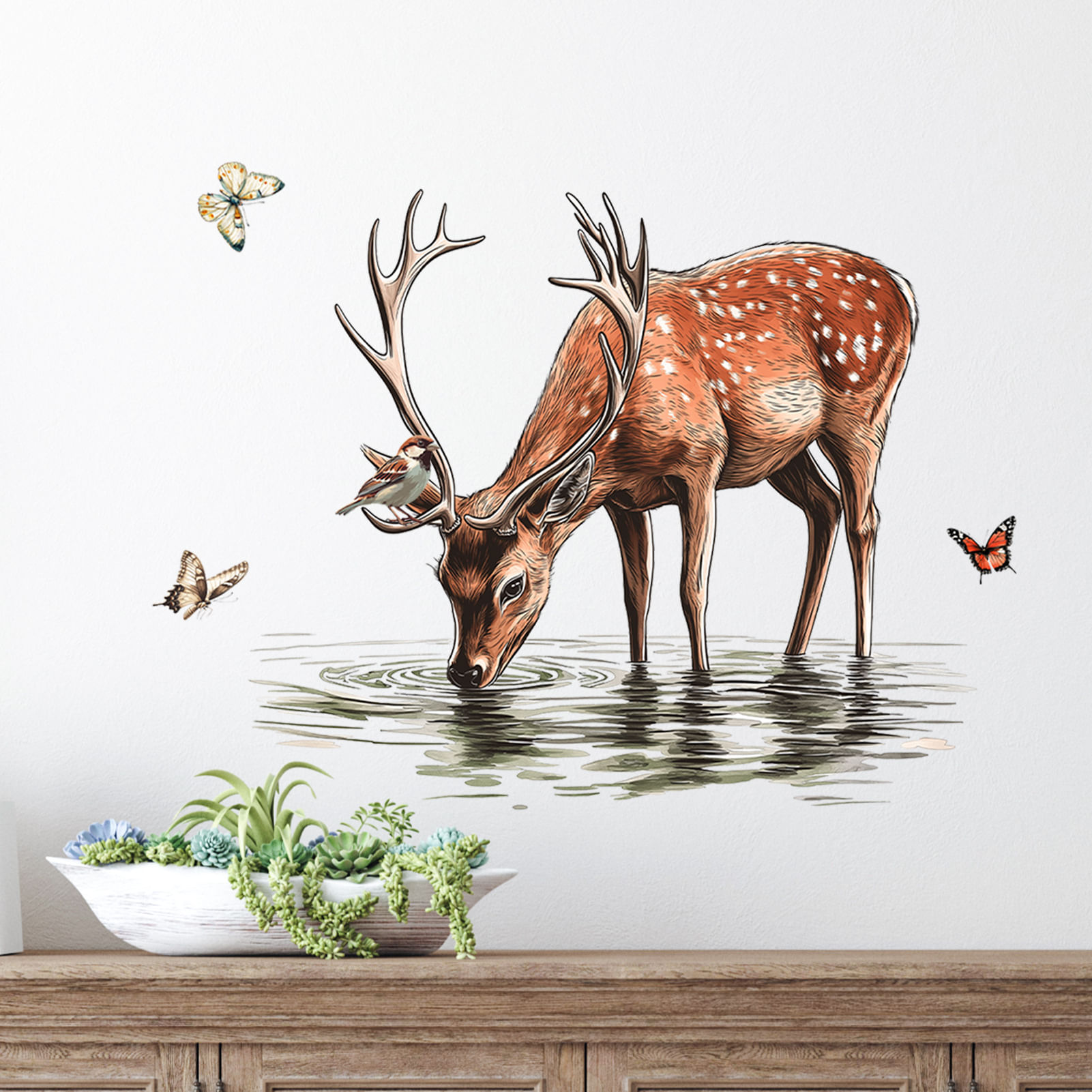 Adesivos De Parede Cartoon Deer With Butterfly Forest Animal
