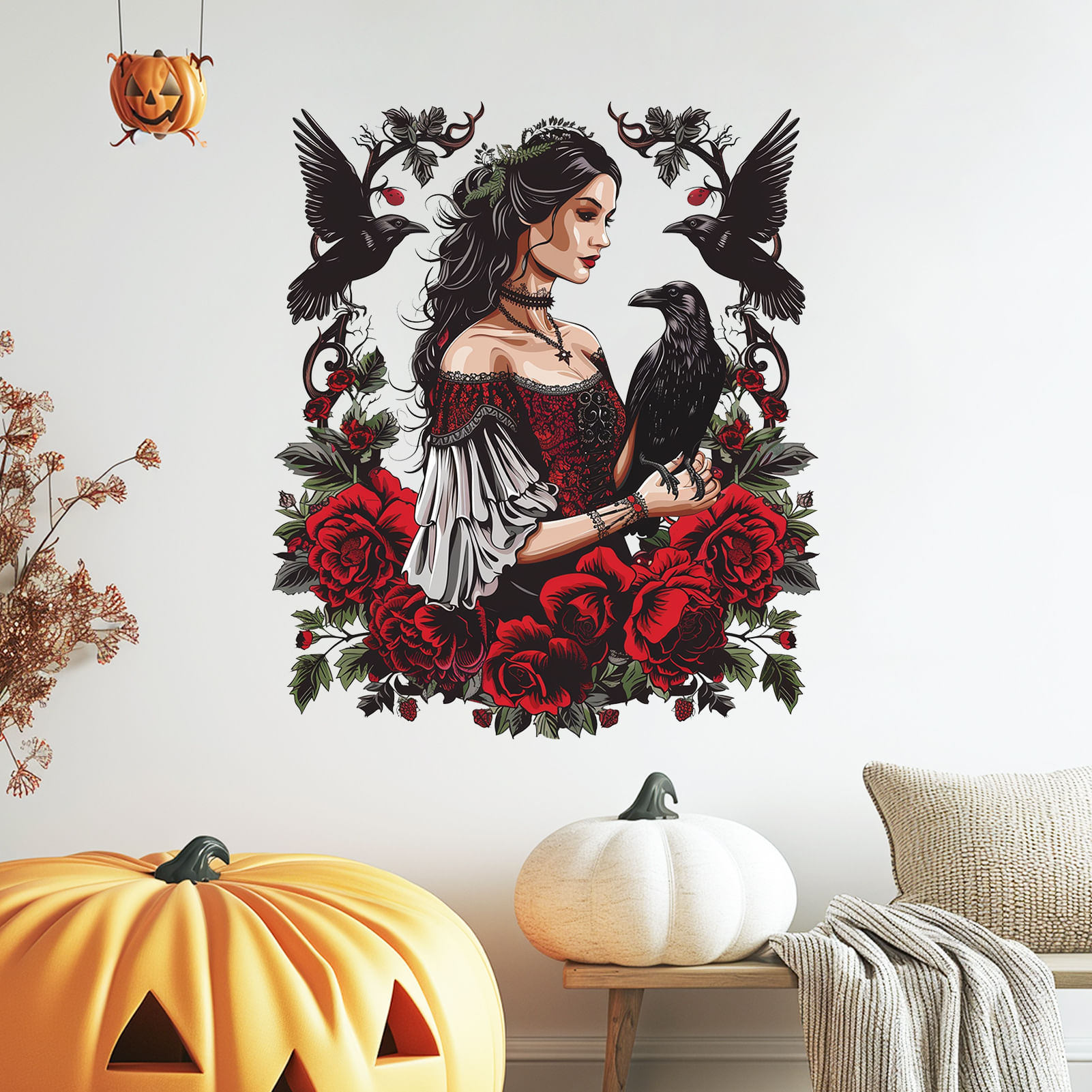 Adesivos De Parede Dark Gothic Witch Com Corvos E Rosas 45x39cm Pvc