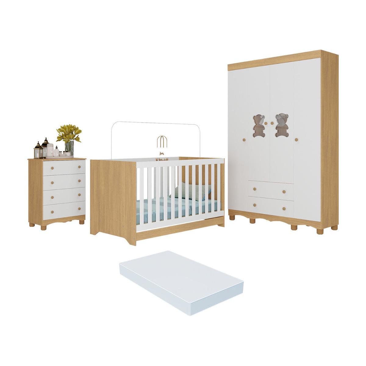 Quarto De Bebê Completo C/berço Americano 3 Em 1 Colchão Ternura Multimóveis Mp4667 Madeirado/branco