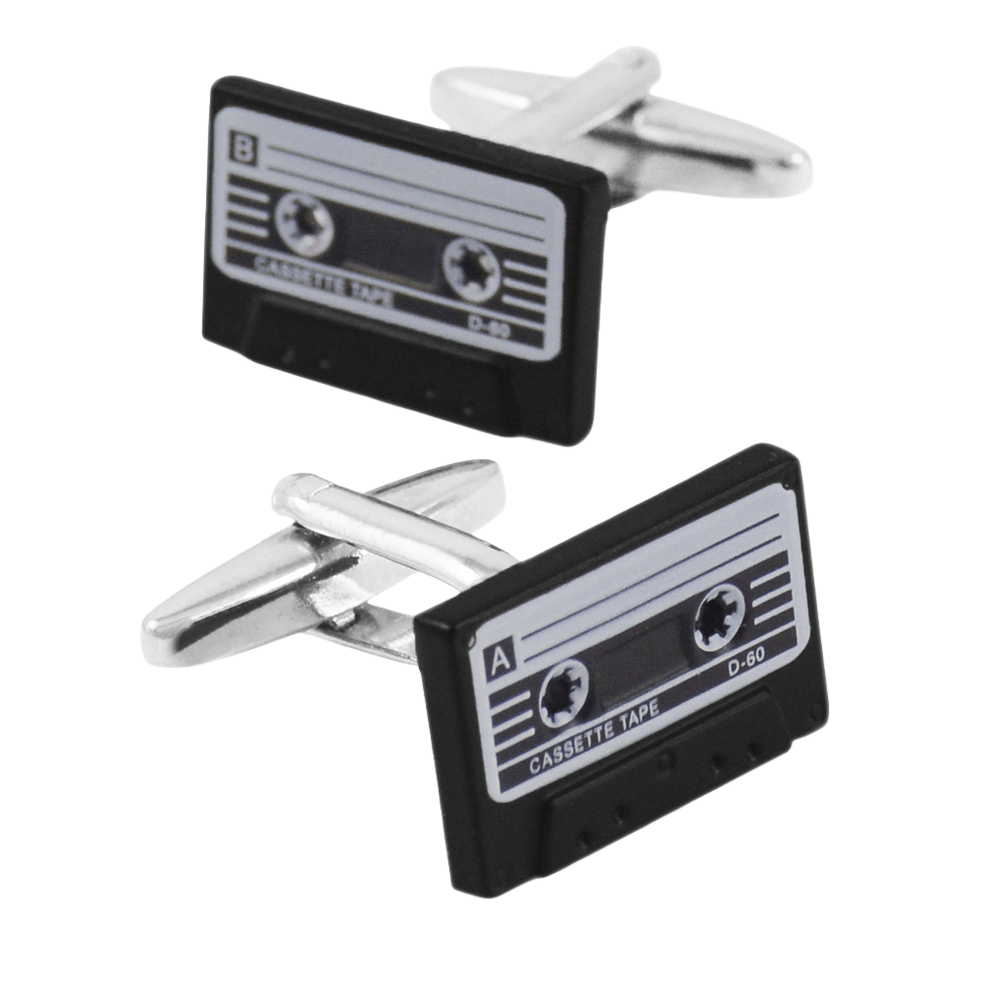 Fita Cassete Vintage Cufflinks, Esmalte Preto E Prateado