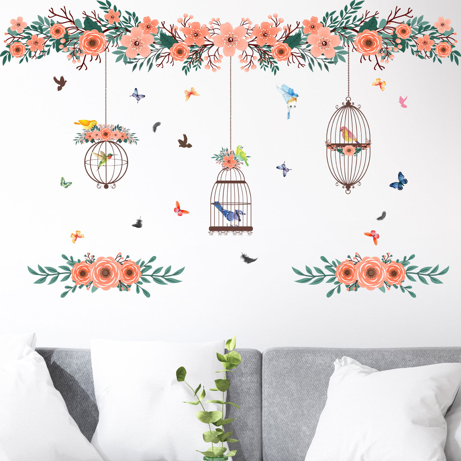 Adesivos De Parede Gaiola Com Flores E Borboletas 29x90cm Pvc